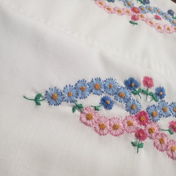 Pair Vintage Hand Made Pillow Case Set Floral Stitched  21" x 31" - Picture 6 of 8
